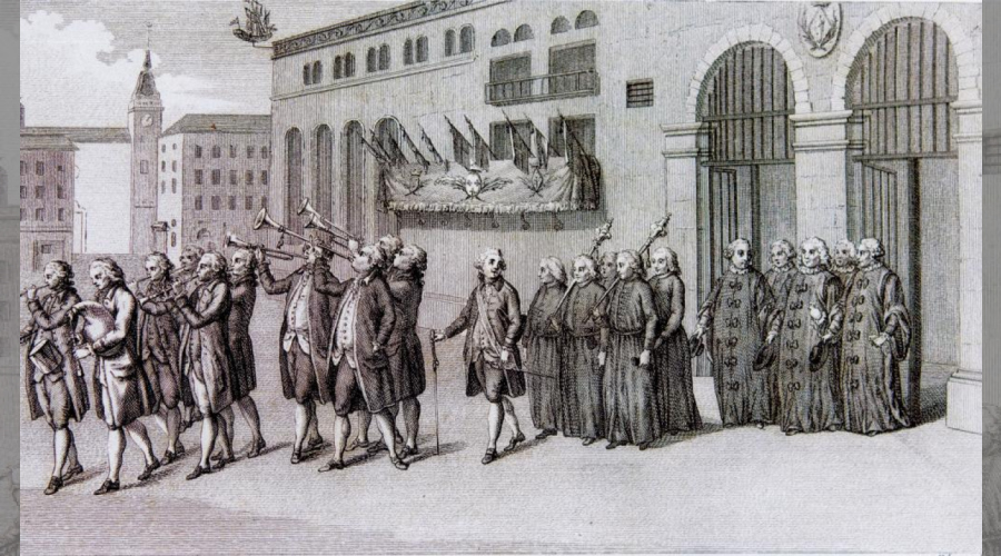 Les consuls portant une canne sortent précédés par une fanfare avec cornemuse, trompettes ,flutes 