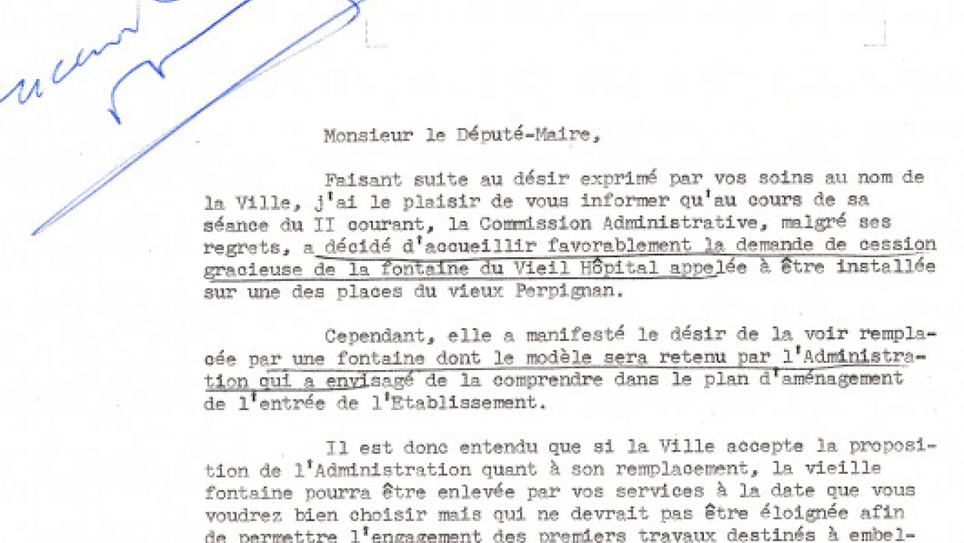 Correspondance du directeur du centre hospitalier au maire de la ville concernant la cession de la fontaine de l’hôpital
