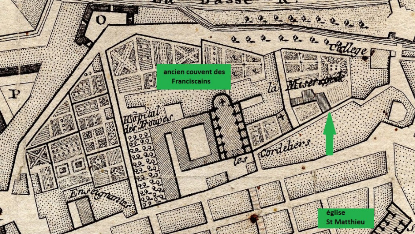 Emplacement de la Miséricorde (actuelle rue Abbadie) et de l'hôpital des troupes dans l'ancien couvent des Cordeliers
