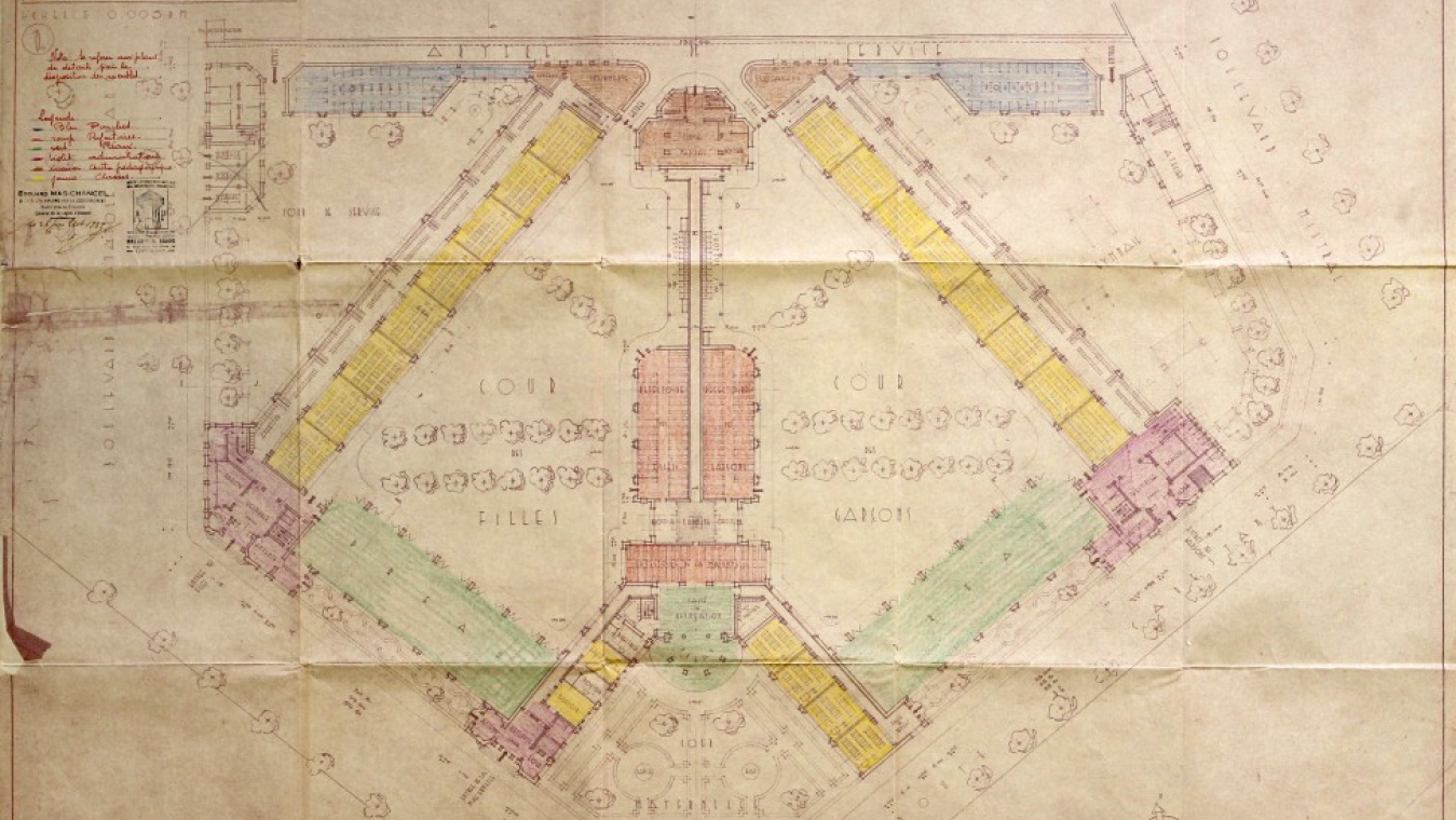 Groupe scolaire Romain Rolland d’Édouard Mas-Chancel, 1936-1938. Plan de 1936 colorié en 1939 : AVP 4M en cours (ancien 4M76).