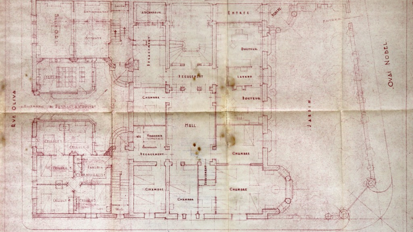 Clinique Saint-Roch de Trénet, 1953, angle du quai Nobel et de la rue d'Iéna. Plan : AVP 5S1/74.