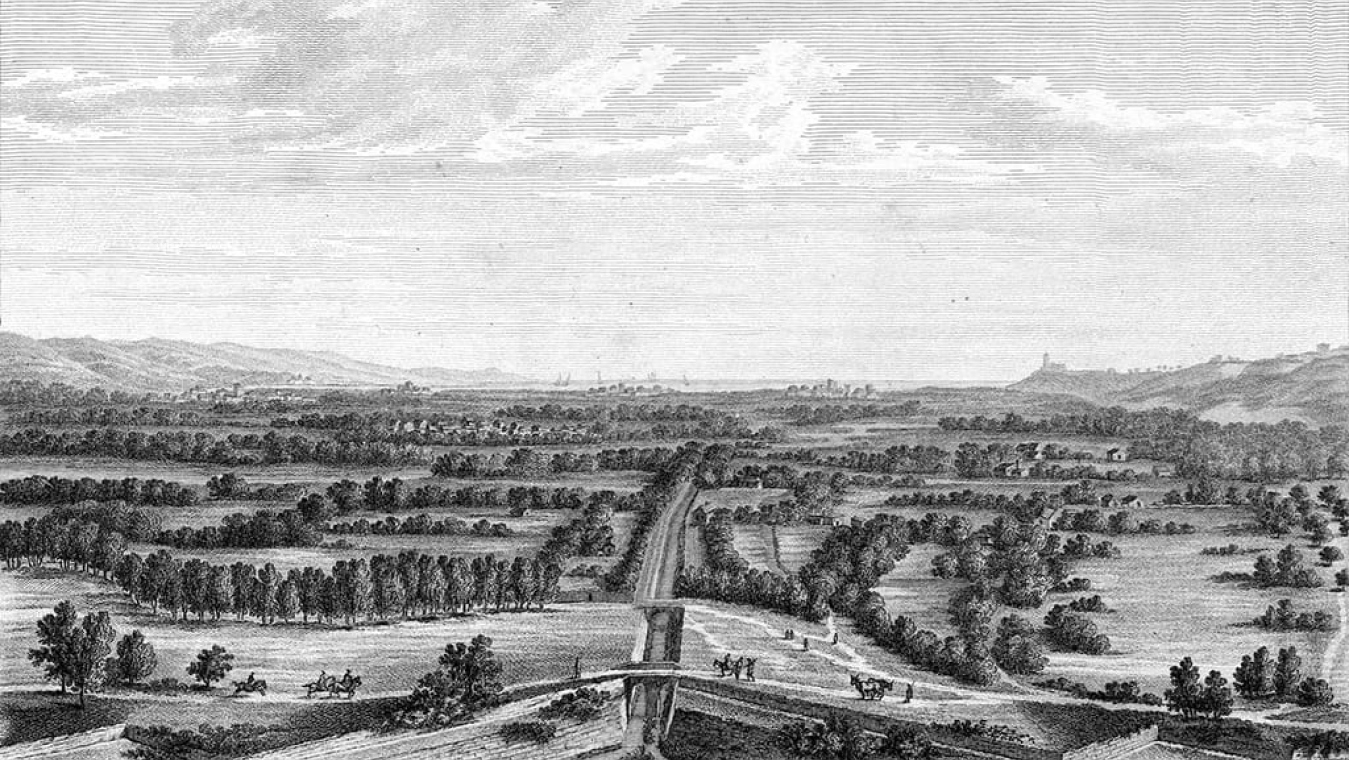 Estampe montrant les environs de Perpignan depuis le bastion Saint-Jacques  vers 1780