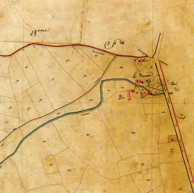 Le Vernet, début 19e siècle, détail du cadastre napoléonien: quelques maisons groupées autour de l'église Saint Christophe