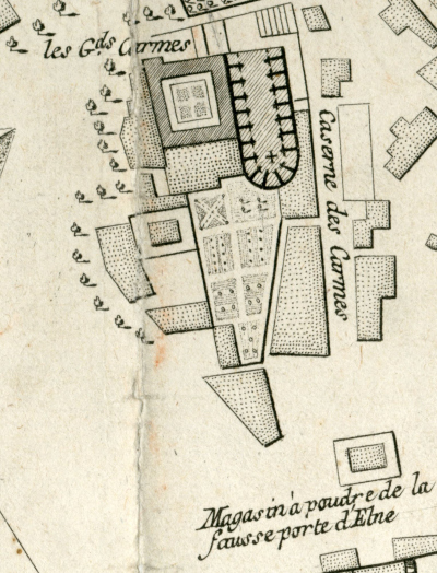 Gravue :l'église , son cloitre et des jardins en rolongement du chevet et des batiments conventuels