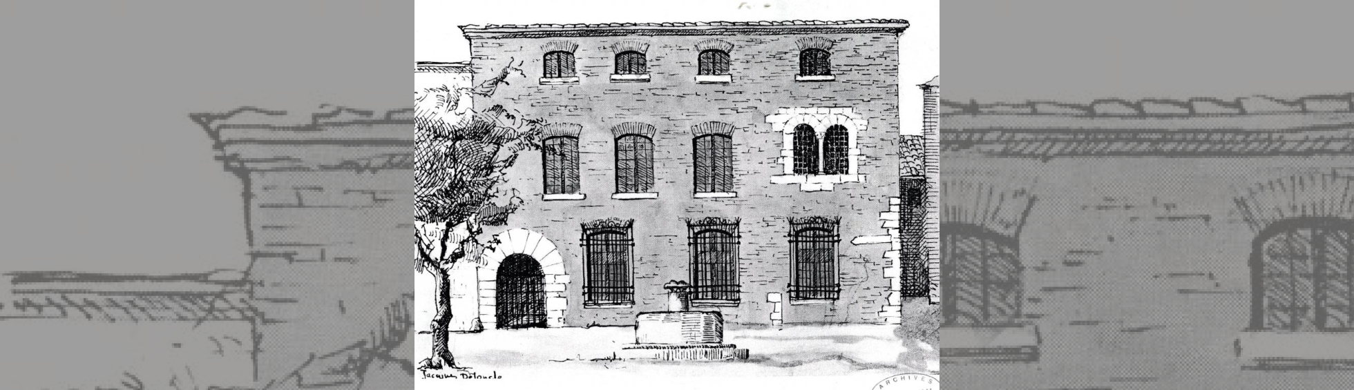 Gravure ancienne de la façade d'un batiment R+2 , porte monumentale, fontaine 