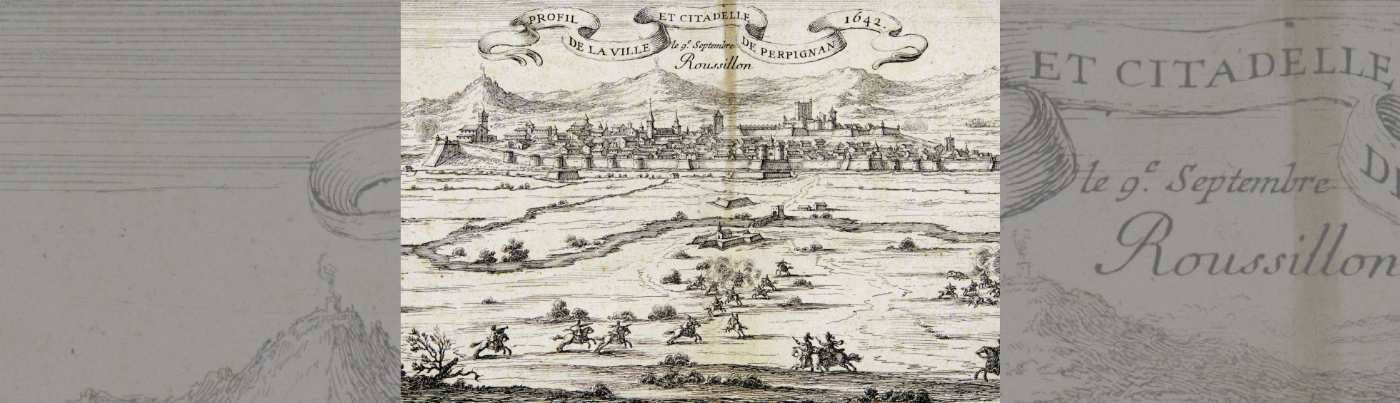 Vue en élévation de la ville avec le castillet ,l'église st Jacques, la citadelle. Un ruban marqué 1642 surmonte l'ensemble