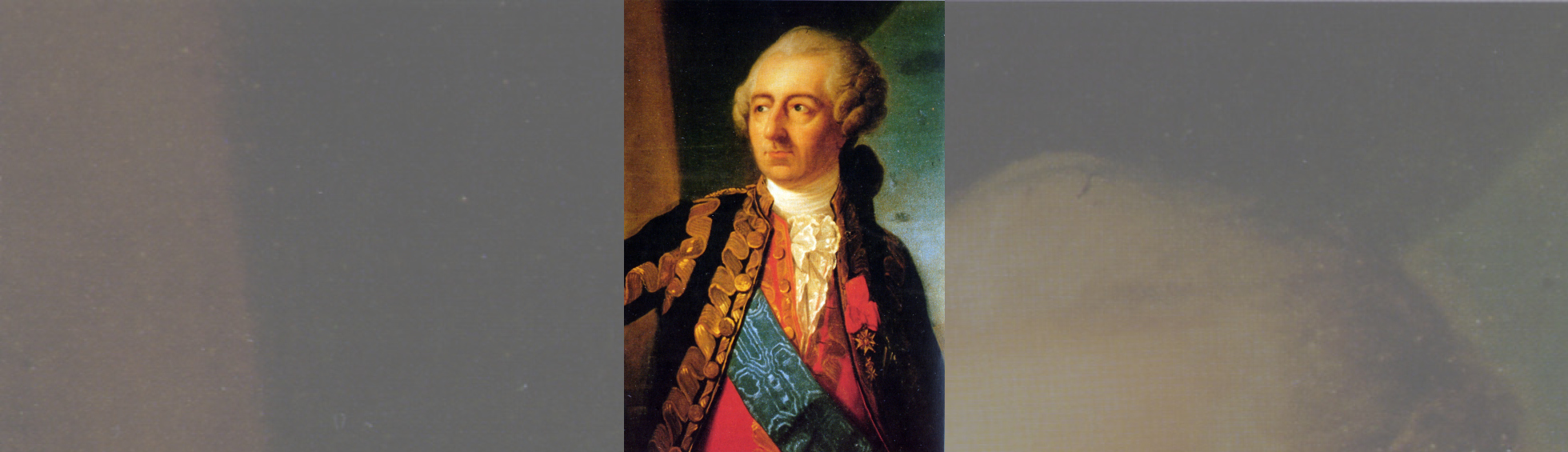 Le comte  avec sa perruque ,et sa décoration de l'ordre du Saint Esprit: étoile à 4 braches avec colombe et fleur de lis