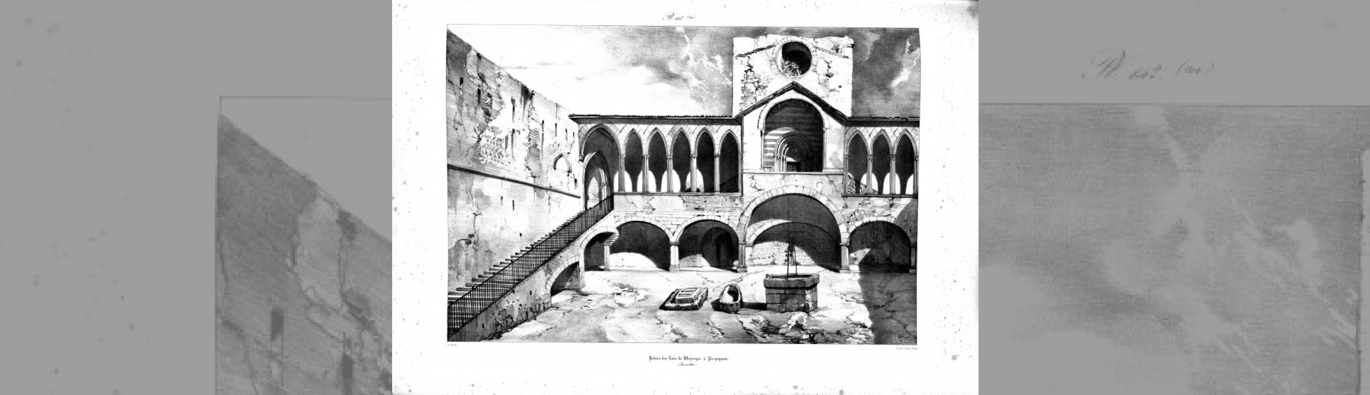 gravure montrant la galerie avec une ensemble de colonnade et arcs en ogive,le grand escalier d'accès au premier niveau