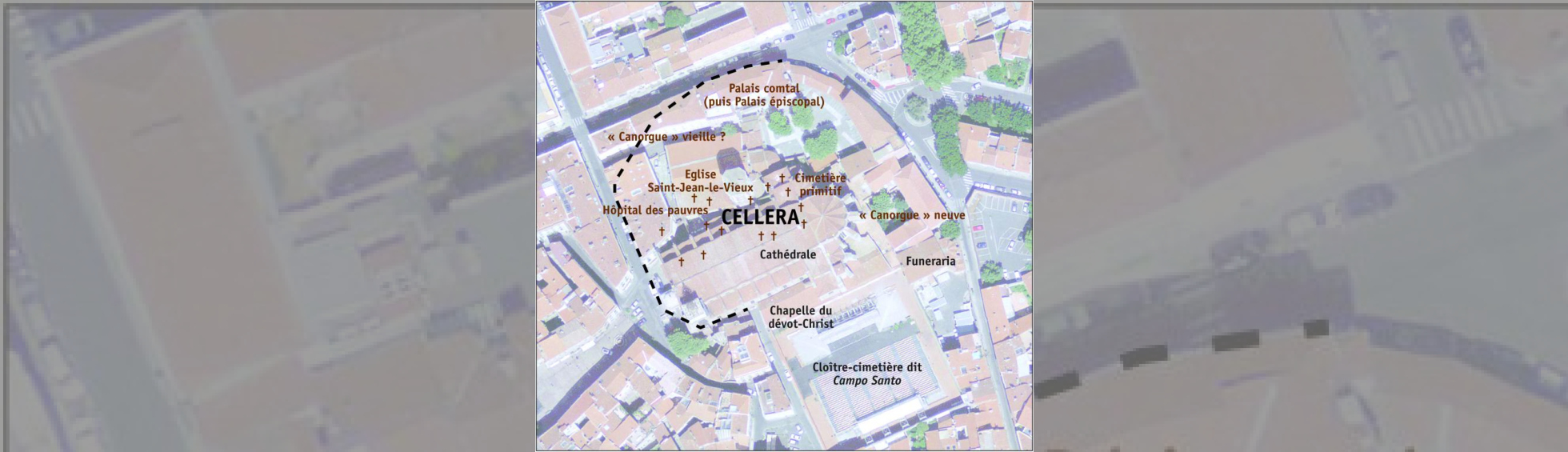 Figuration d'une première enceinte défensive (espace sacré autour de la première église médiévale.