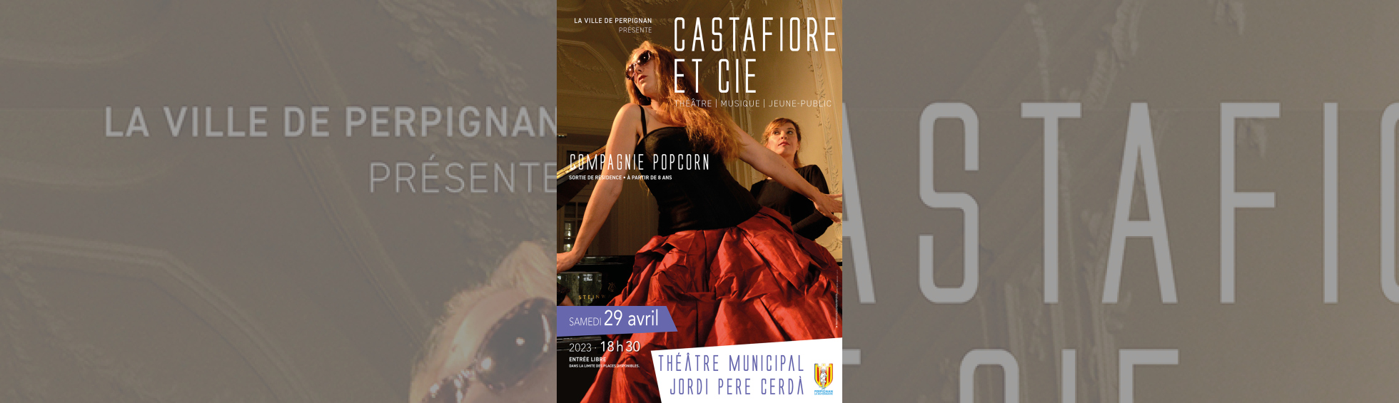 "Castafiore et cie" par la compagnie Popcorn-  affiche du spectacle- photo femme portant lunette de soleil, robe de soirée. 