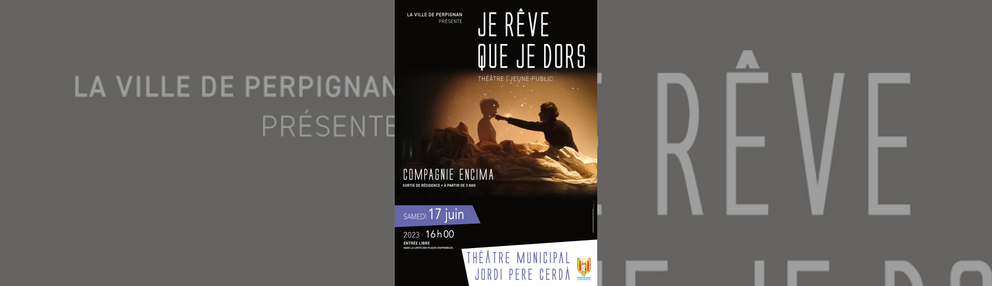  "Je rêve que je dors" par la compagnie Encima - affiche deux personnages dasn l'oscurité assis entourés de draps