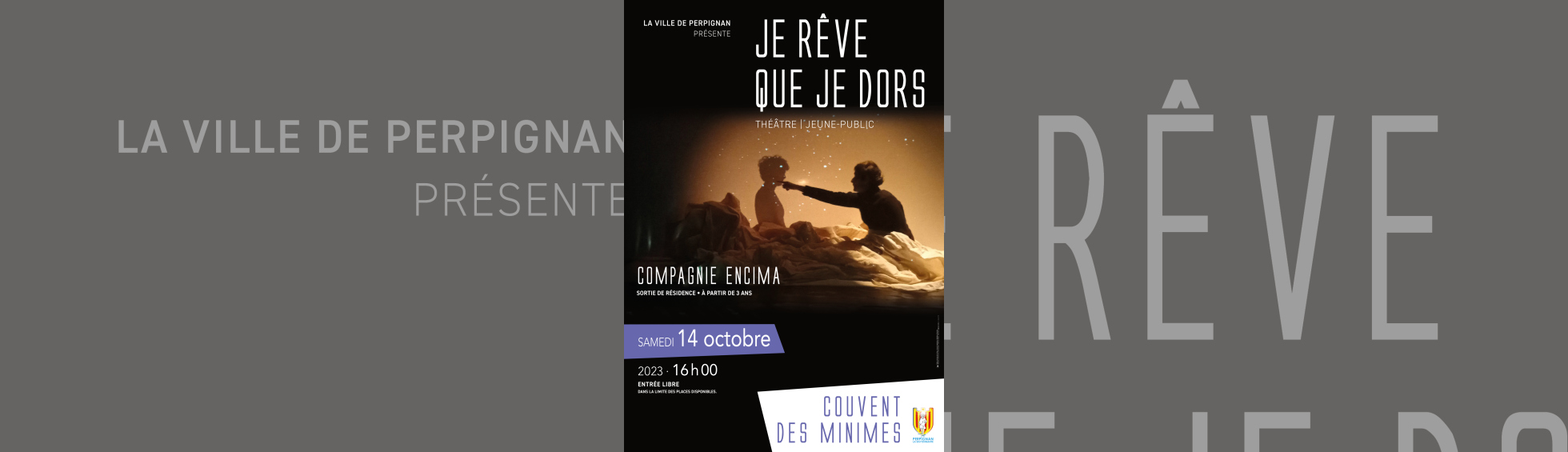  "Je rêve que je dors" par la compagnie Encima - affiche deux personnages dasn l'oscurité assis entourés de draps