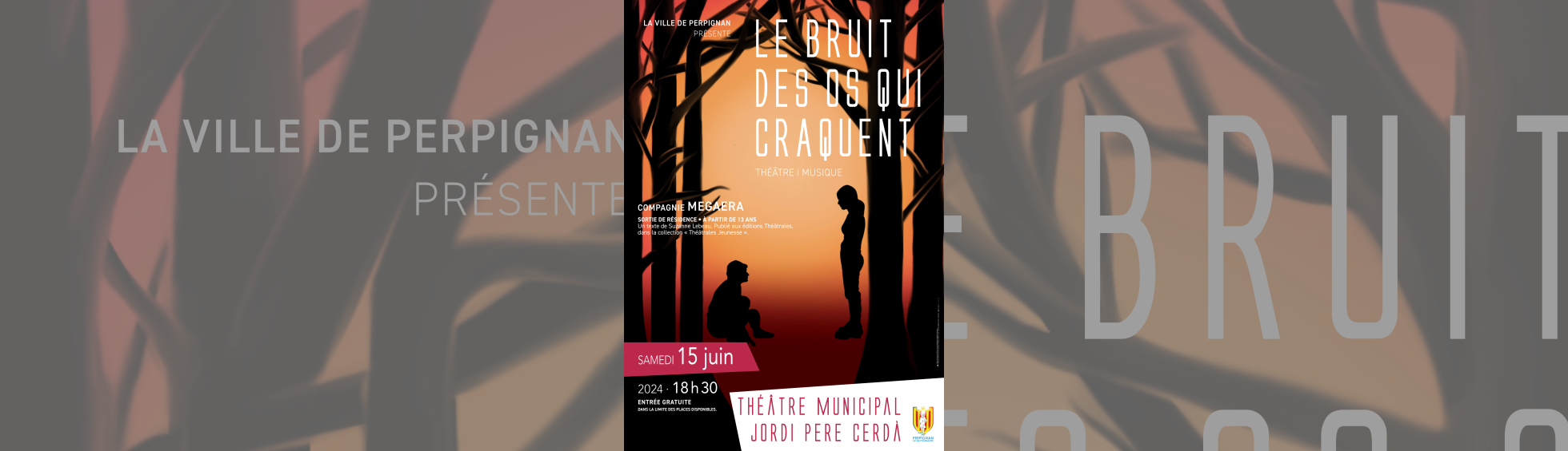 "Le Bruit des os qui craquent" par la Compagnie MEGAERA - Affiche représentant deux personnages en ombre chinoise l'un est debout et le deuxième en face est assis au sol