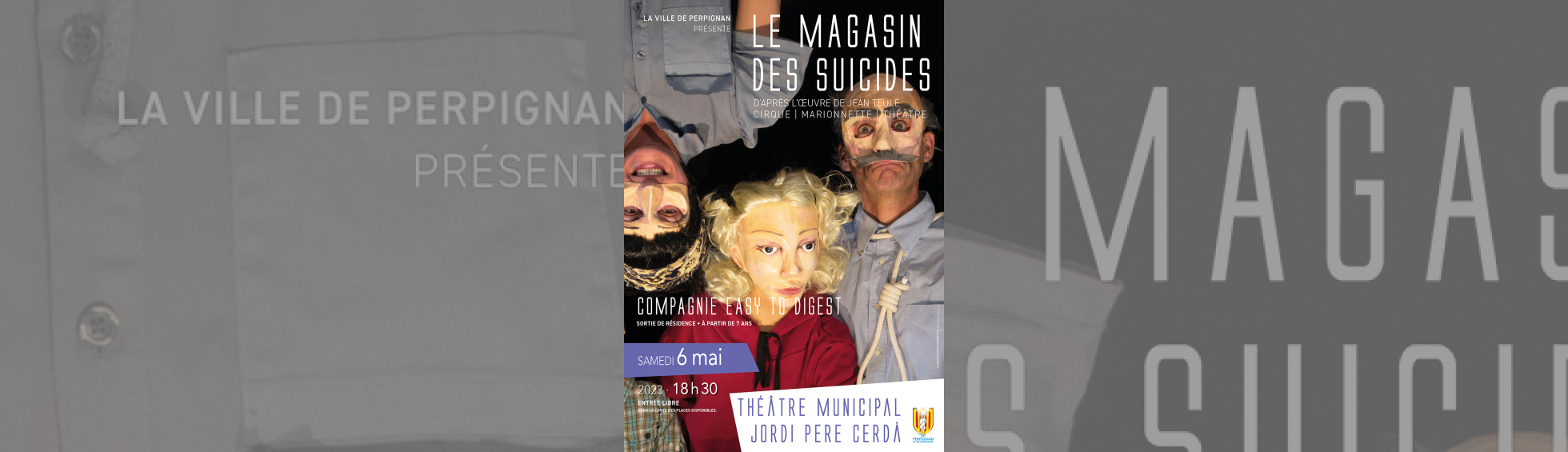 "Le magasin des suicides" par la compagnie Easy to digest - affiche trois personnnages portant des masques