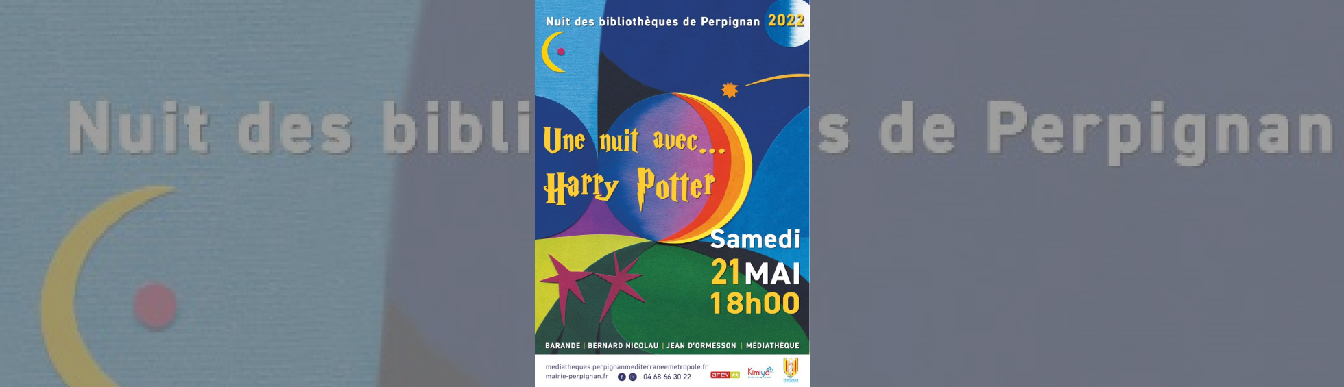 Nuit des bibliothèques - affiche coloré : soleil, lune, étoile