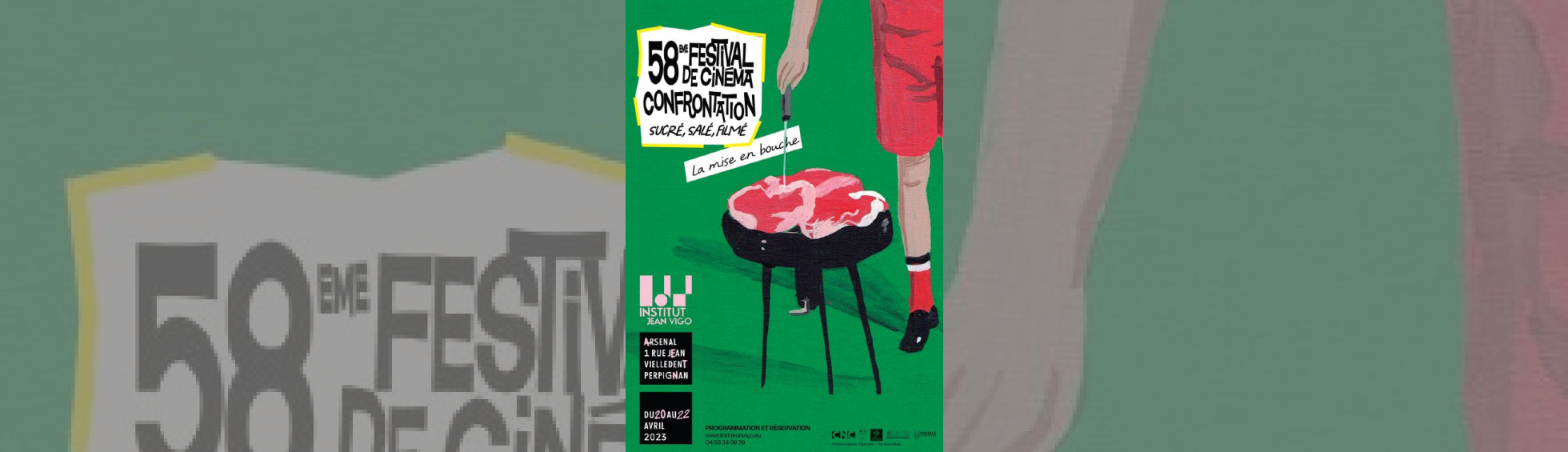 58éme Festival de cinéma confrontation - dessin un barbecue avec un morceau de viande et une main tenant une pique qui s'apprète a tourner la viande du barbecue. 