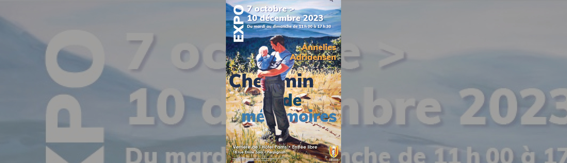 affiche exposition Adriaensen - homme debout portant un enfant daans ses bras