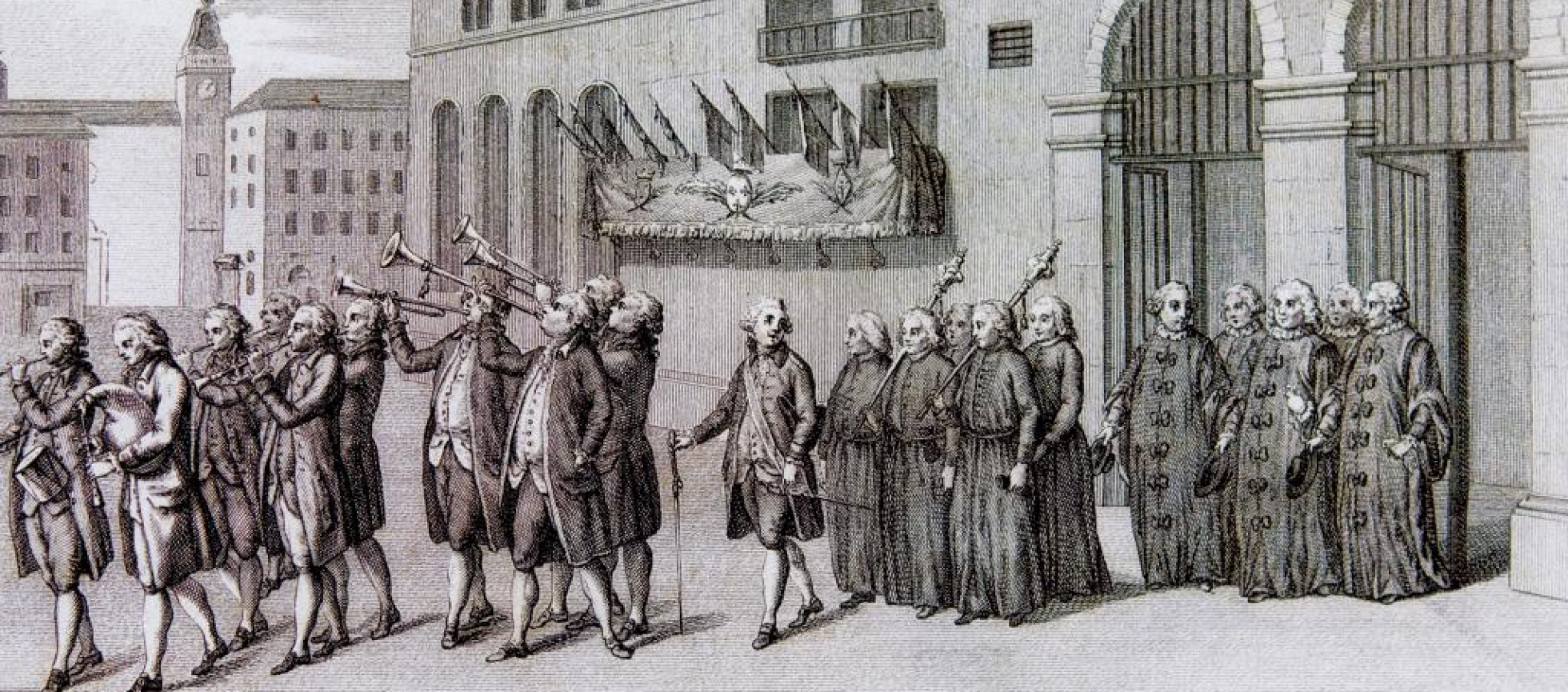 Les consuls portant une canne sortent précédés par une fanfare avec cornemuse, trompettes ,flutes 