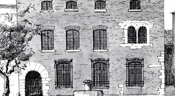 Gravure ancienne de la façade d'un batiment R+2 , porte monumentale, fontaine 