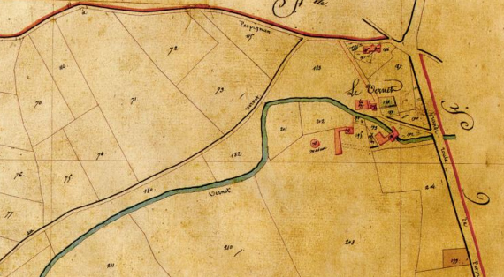 Le Vernet, début 19e siècle, détail du cadastre napoléonien: quelques maisons groupées autour de l'église Saint Christophe