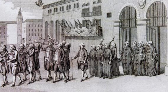 Les consuls portant une canne sortent précédés par une fanfare avec cornemuse, trompettes ,flutes 